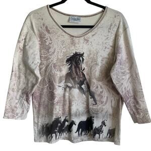 Cactus Bay Top Wild Horses Rhinestone Y2K Tan 3/4 Sleeves USA Sz L Western Rodeo